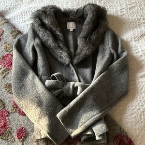 Anthropologie Grey Faux Fur Belted Cardigan Sweater size S